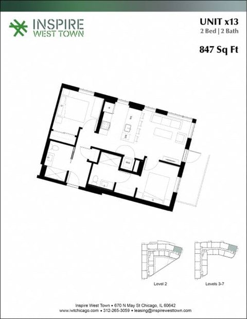 Floor plan for 2 beds, 2 baths, 847 sqft